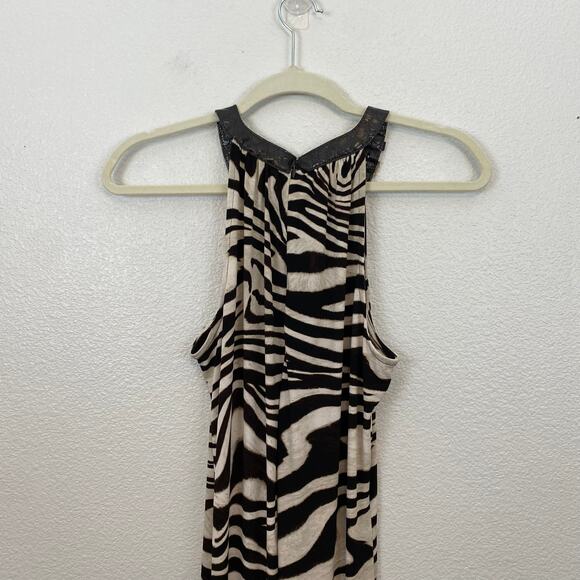 Y2K Brown Zebra Print Flowy Leather Buckle Halter Neck Maxi Dress - Picture 10 of 15